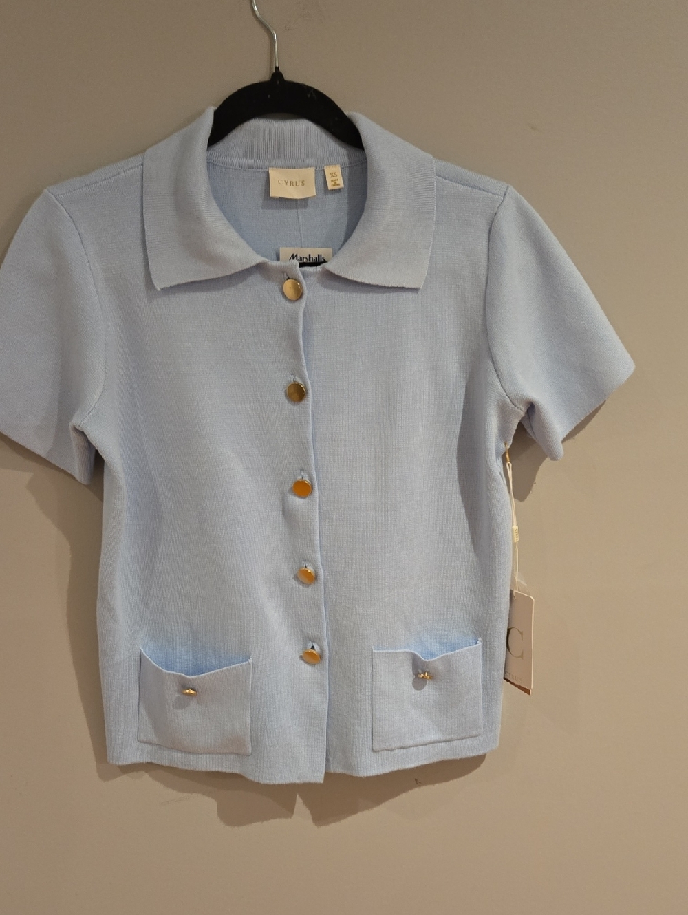 Cyrus Pale Blue Short Sleeve Button-Front Knit Top